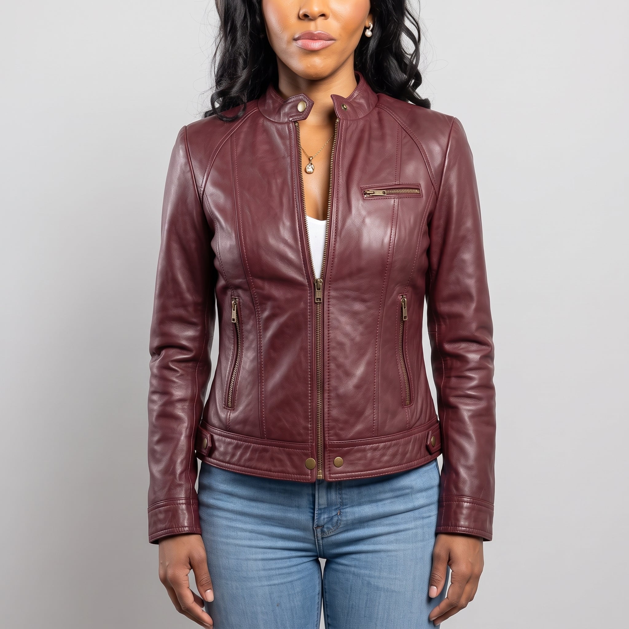 Women's Burgundy Leather Cafe Racer Jacket — Berrick