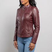 Women's Burgundy Leather Cafe Racer Jacket — Berrick