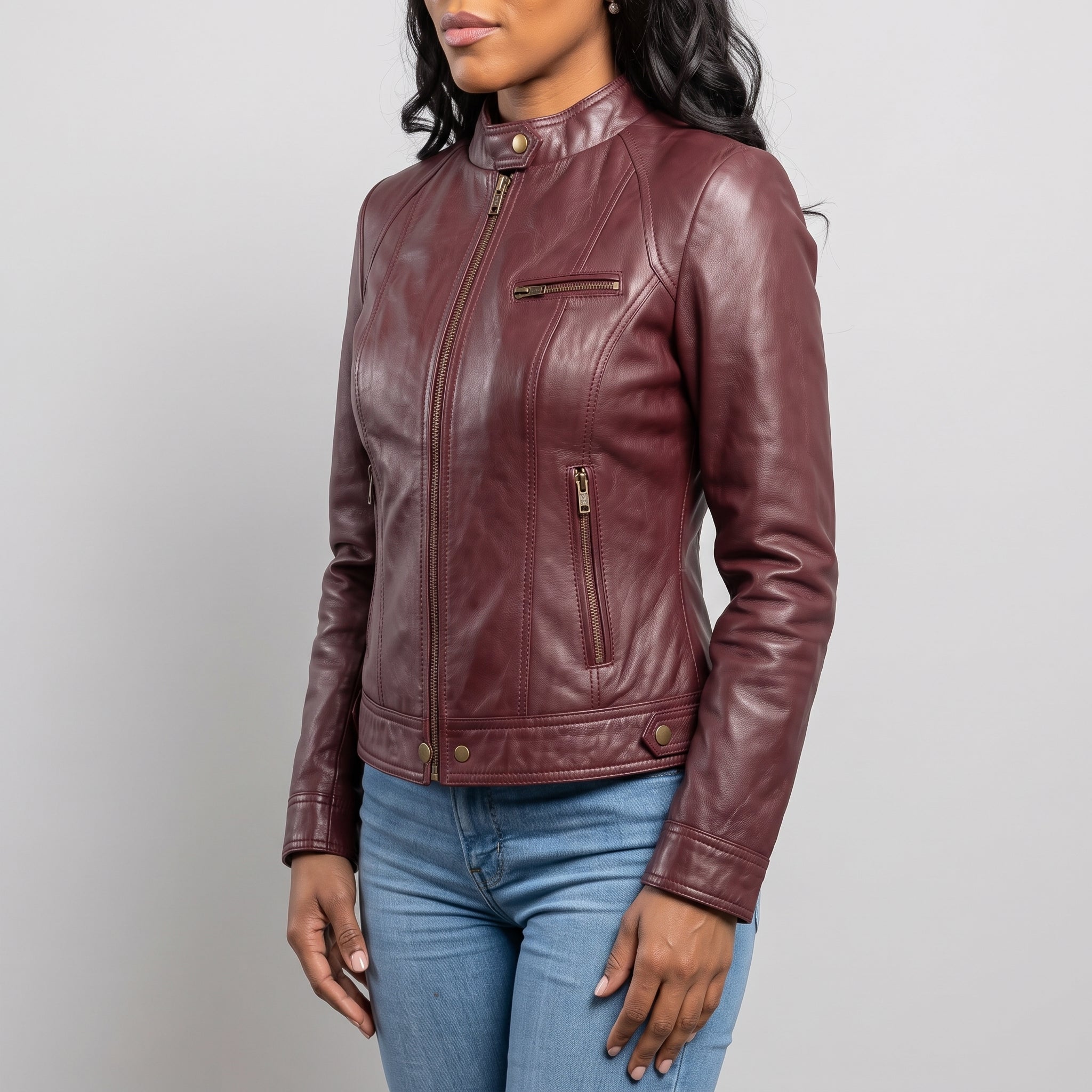 Women's Burgundy Leather Cafe Racer Jacket — Berrick