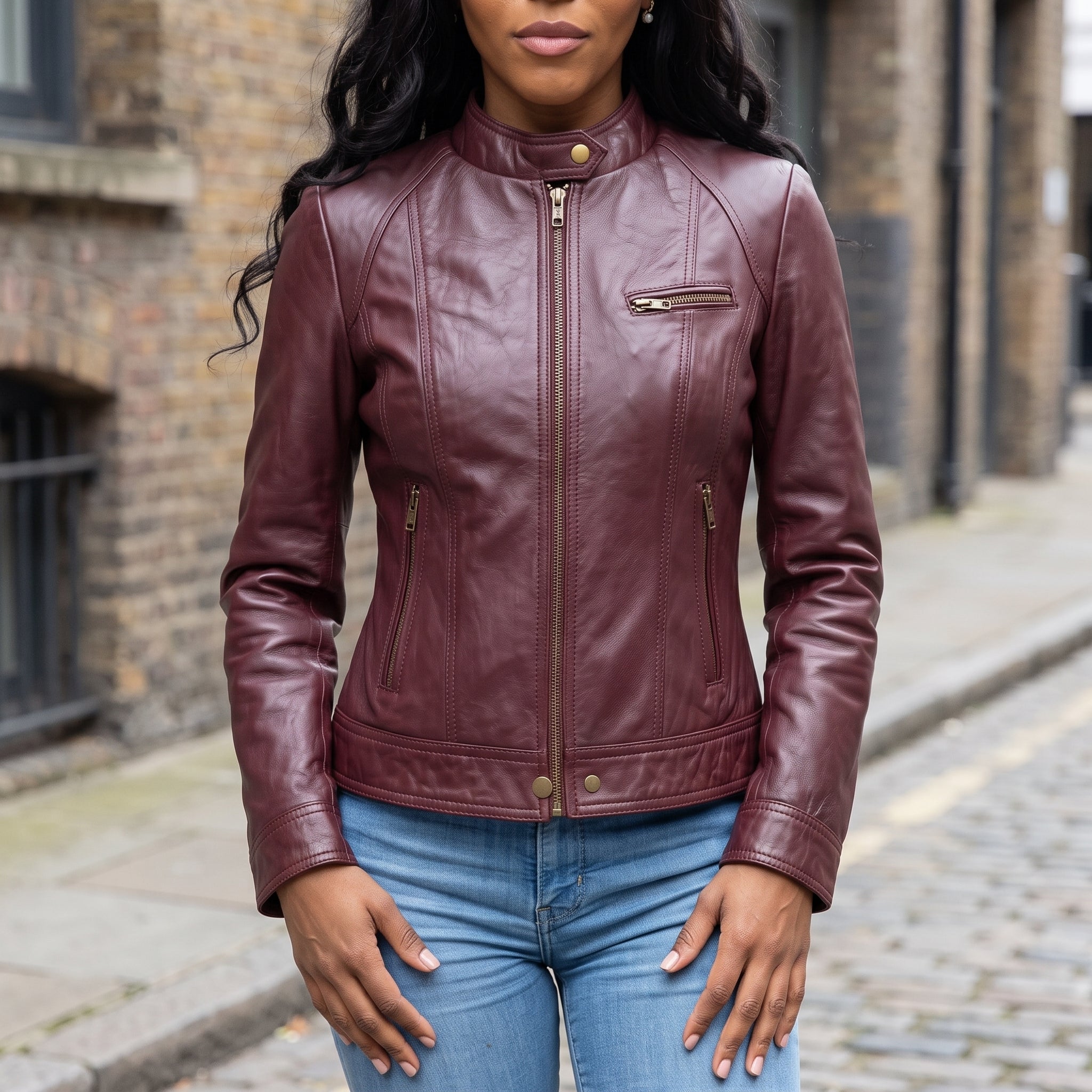 Women's Burgundy Leather Cafe Racer Jacket — Berrick
