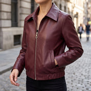 Women's Burgundy Leather Shirt Collar Jacket — Osborn