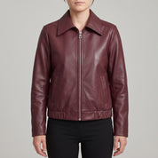 Women's Burgundy Leather Shirt Collar Jacket — Osborn