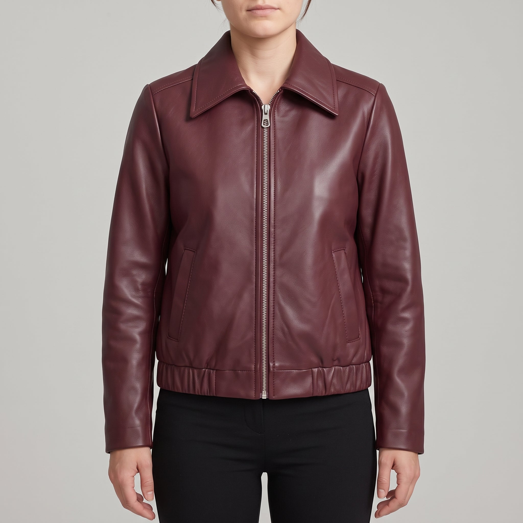 Women's Burgundy Leather Shirt Collar Jacket — Osborn