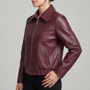 Women's Burgundy Leather Shirt Collar Jacket — Osborn