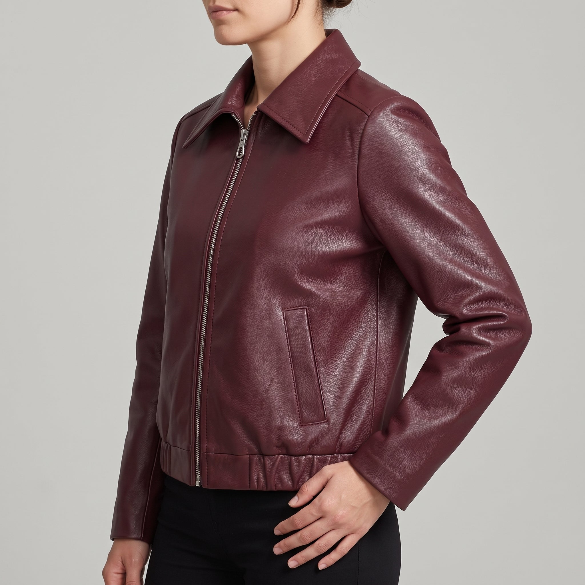 Women's Burgundy Leather Shirt Collar Jacket — Osborn