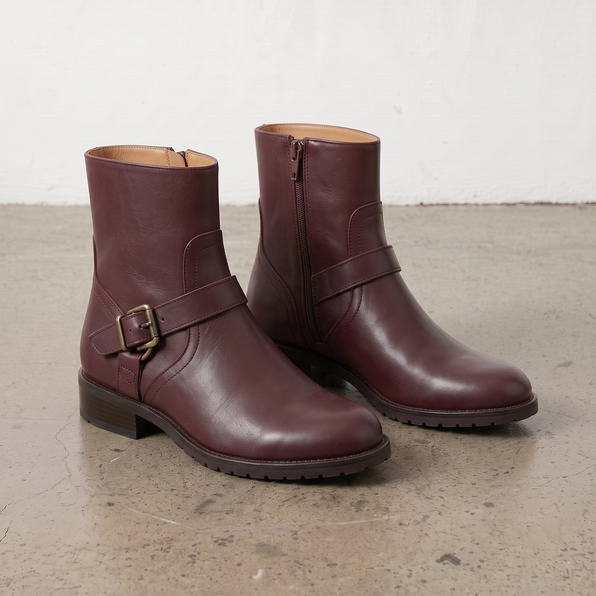 Women's Burgundy Plain-Toe Leather Biker Ankle Boots — Gunter