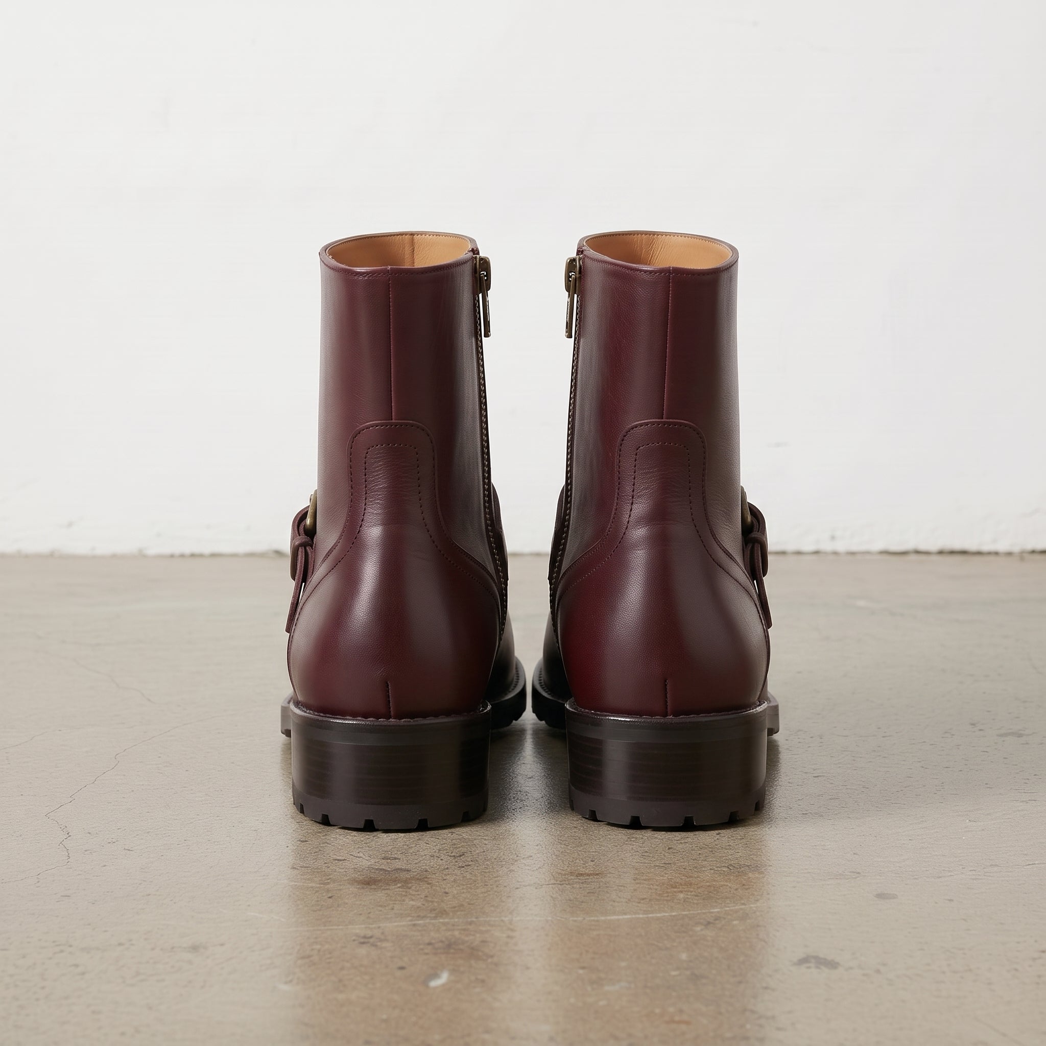Women's Burgundy Plain-Toe Leather Biker Ankle Boots — Gunter