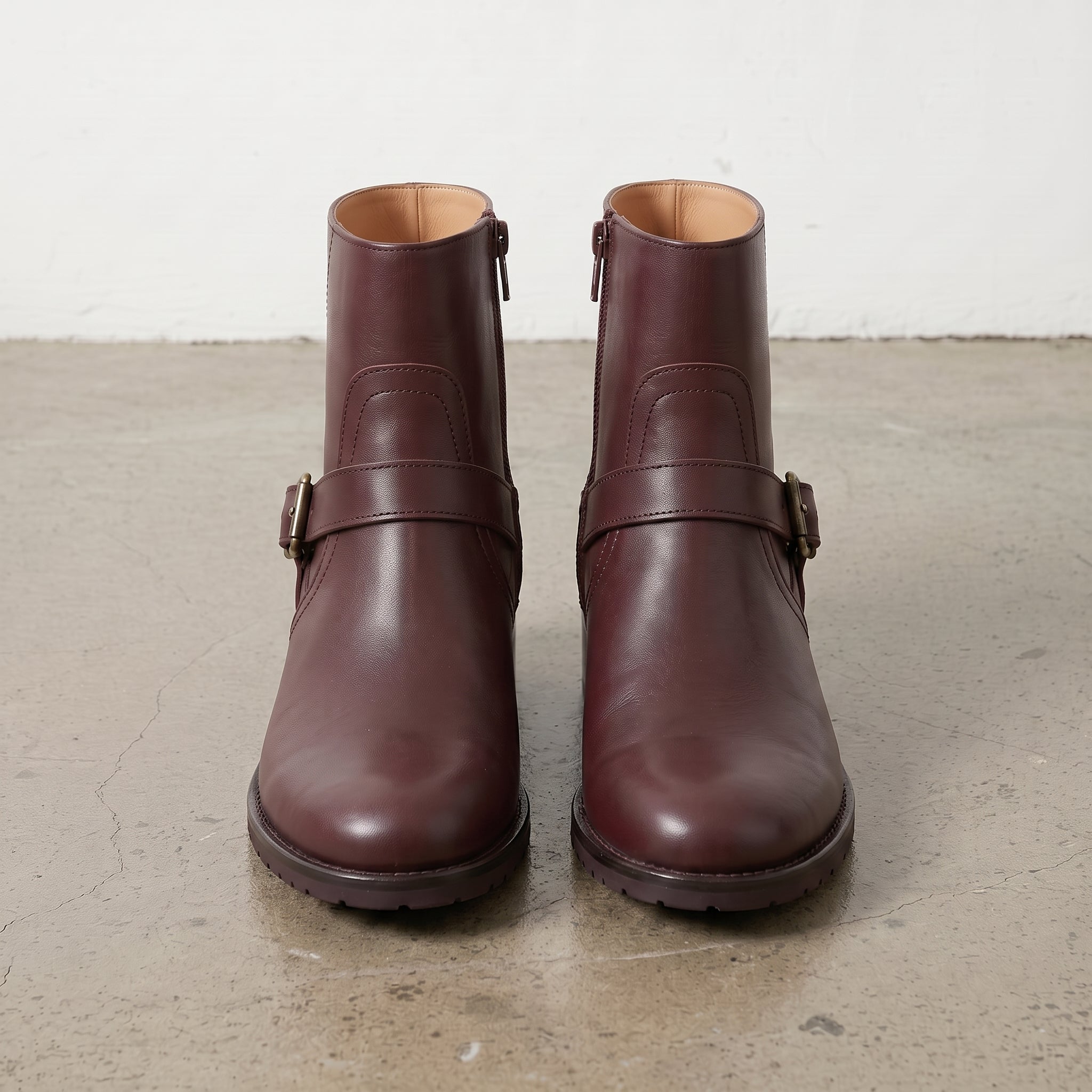 Women's Burgundy Plain-Toe Leather Biker Ankle Boots — Gunter
