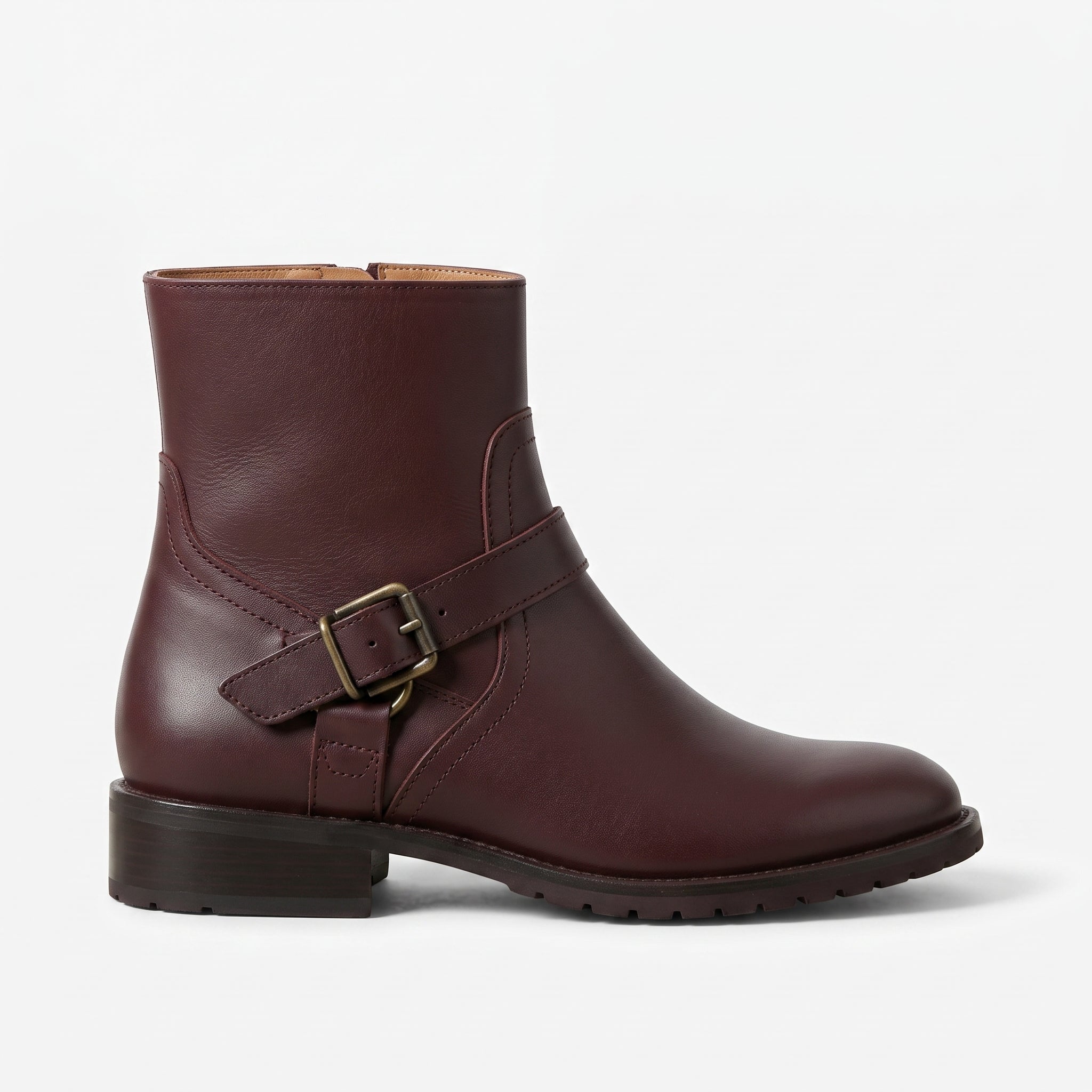 Women's Burgundy Plain-Toe Leather Biker Ankle Boots — Gunter