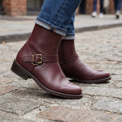 Women's Burgundy Plain-Toe Leather Biker Ankle Boots — Gunter