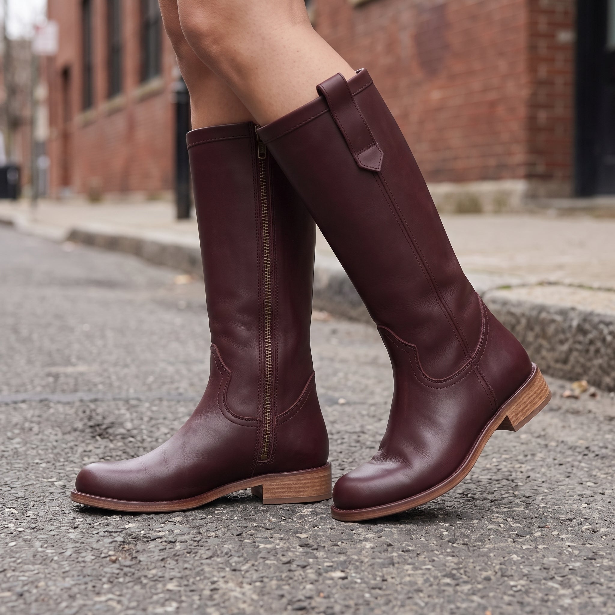 Women's Burgundy Plain-Toe Leather Knee-High Riding Boots — Tremayne