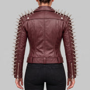 Women's Burgundy Spiked Leather Biker Jacket — Abney