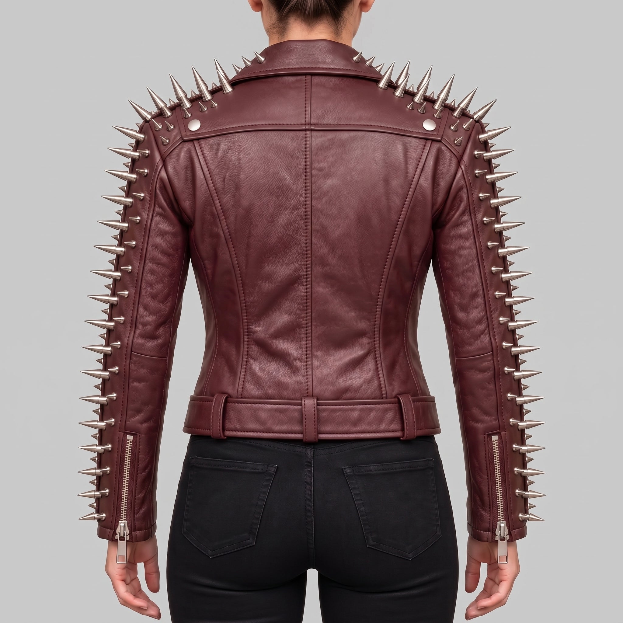 Women's Burgundy Spiked Leather Biker Jacket — Abney