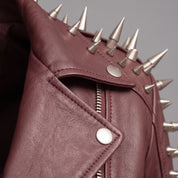 Women's Burgundy Spiked Leather Biker Jacket — Abney
