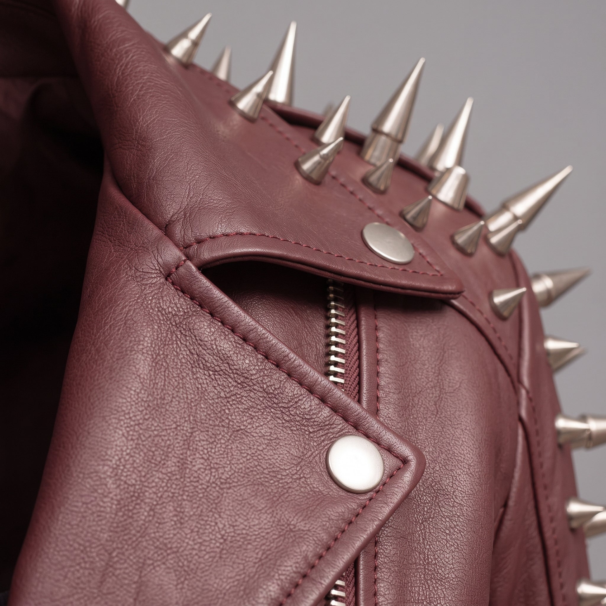 Women's Burgundy Spiked Leather Biker Jacket — Abney