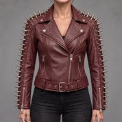 Women's Burgundy Spiked Leather Biker Jacket — Abney
