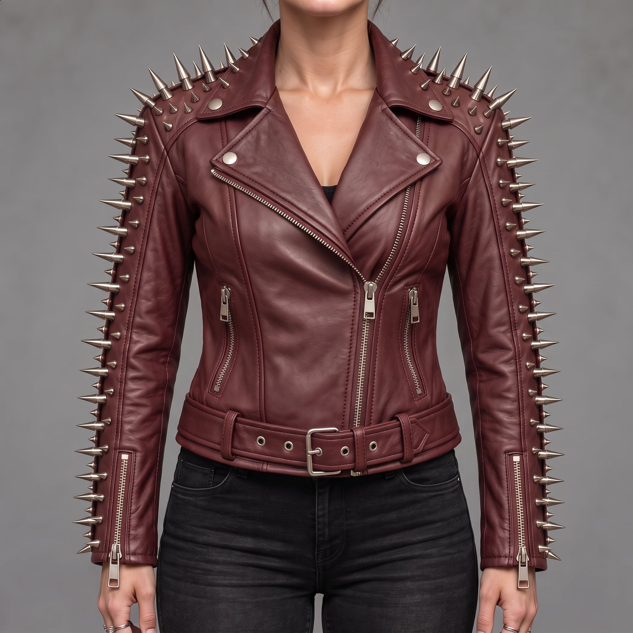 Women's Burgundy Spiked Leather Biker Jacket — Abney