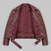 Women's Burgundy Spiked Leather Biker Jacket — Abney
