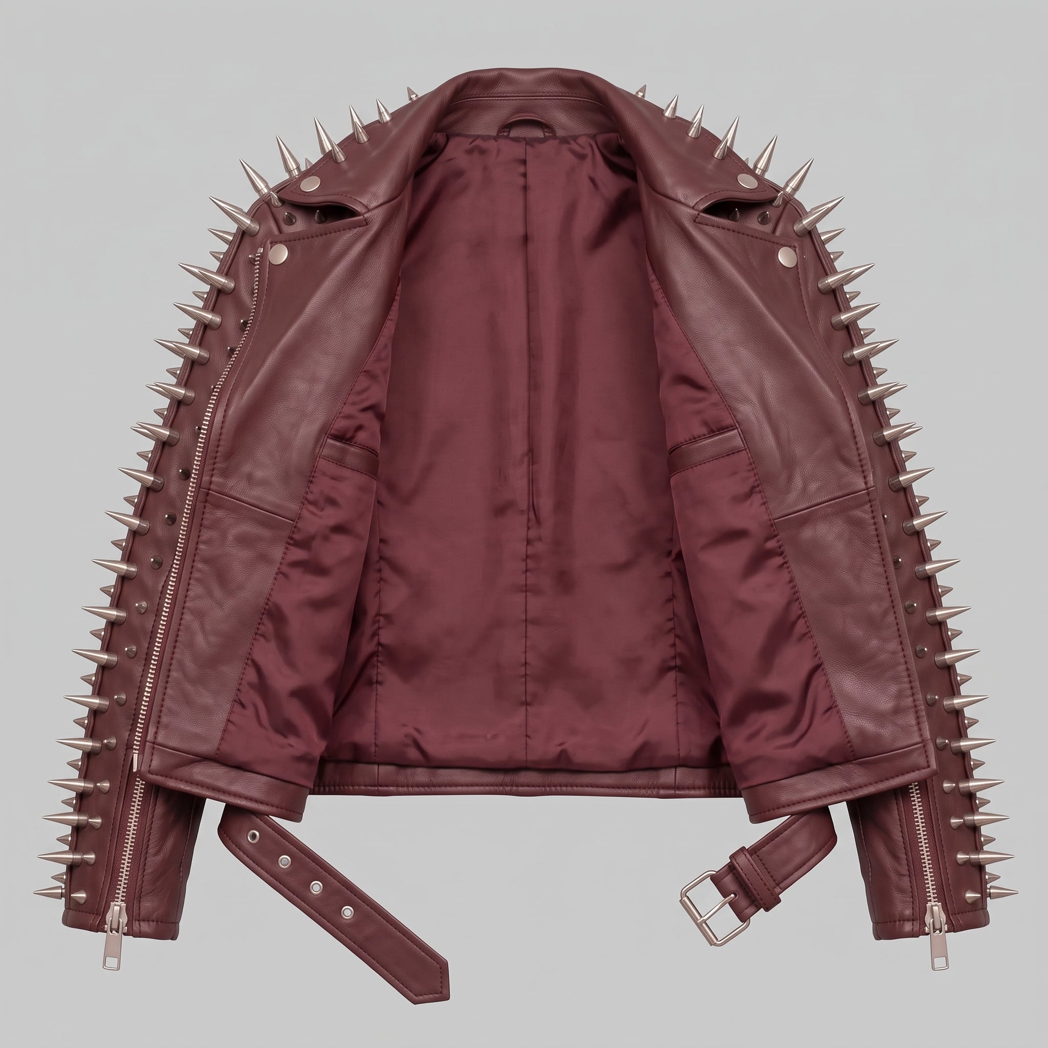 Women's Burgundy Spiked Leather Biker Jacket — Abney