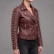 Women's Burgundy Spiked Leather Biker Jacket — Abney