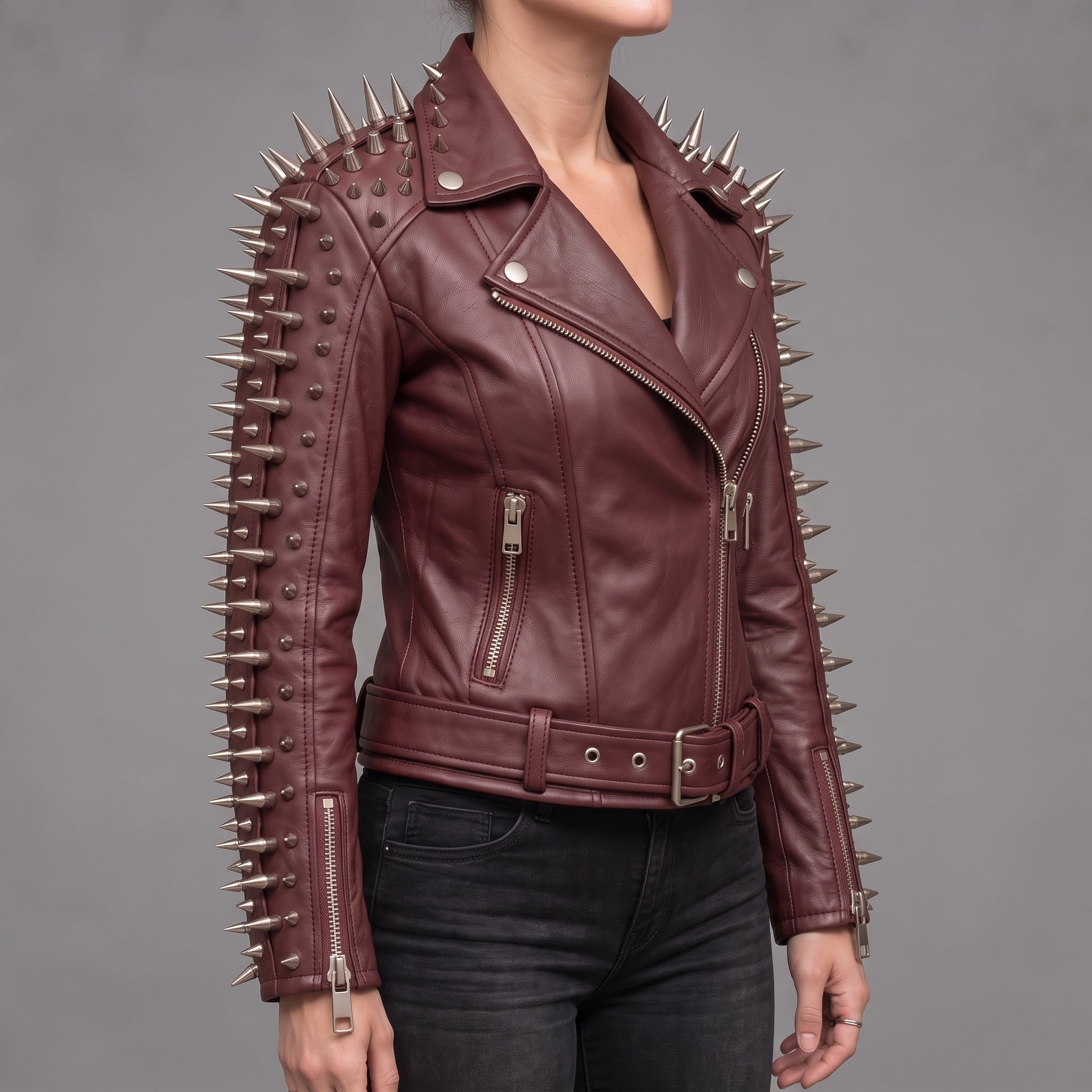 Women's Burgundy Spiked Leather Biker Jacket — Abney