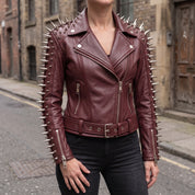 Women's Burgundy Spiked Leather Biker Jacket — Abney