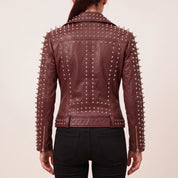Women's Burgundy Studded Leather Biker Jacket — Acreley