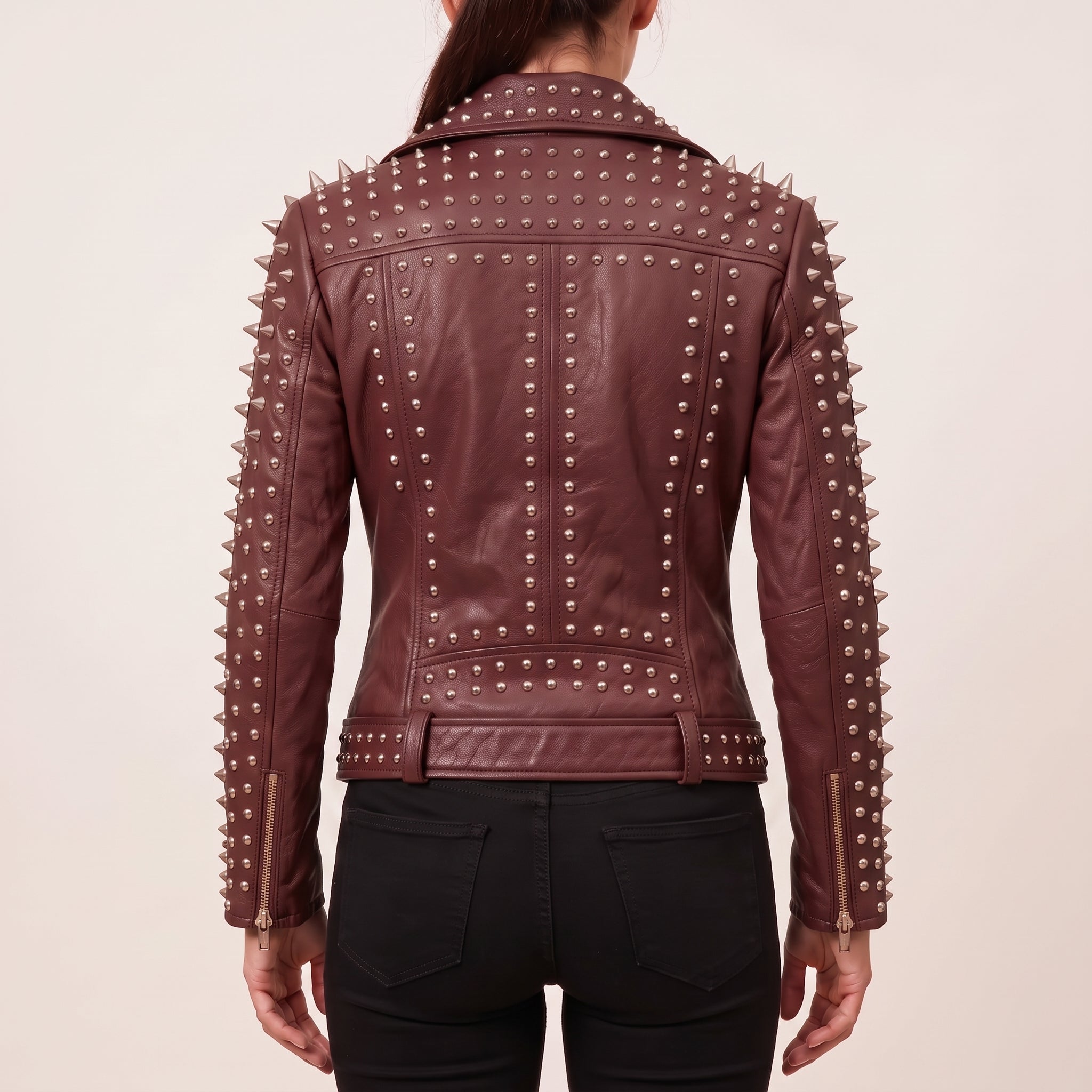 Women's Burgundy Studded Leather Biker Jacket — Acreley