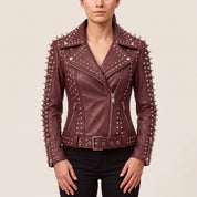 Women's Burgundy Studded Leather Biker Jacket — Acreley