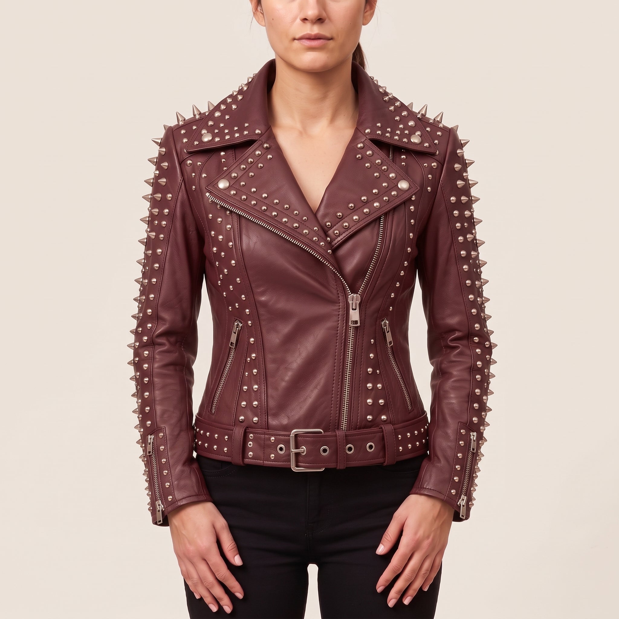 Women's Burgundy Studded Leather Biker Jacket — Acreley
