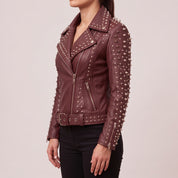 Women's Burgundy Studded Leather Biker Jacket — Acreley