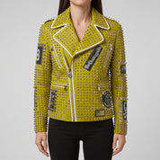 Women's Lemon Green Studded Leather Biker Jacket — Ponsonby