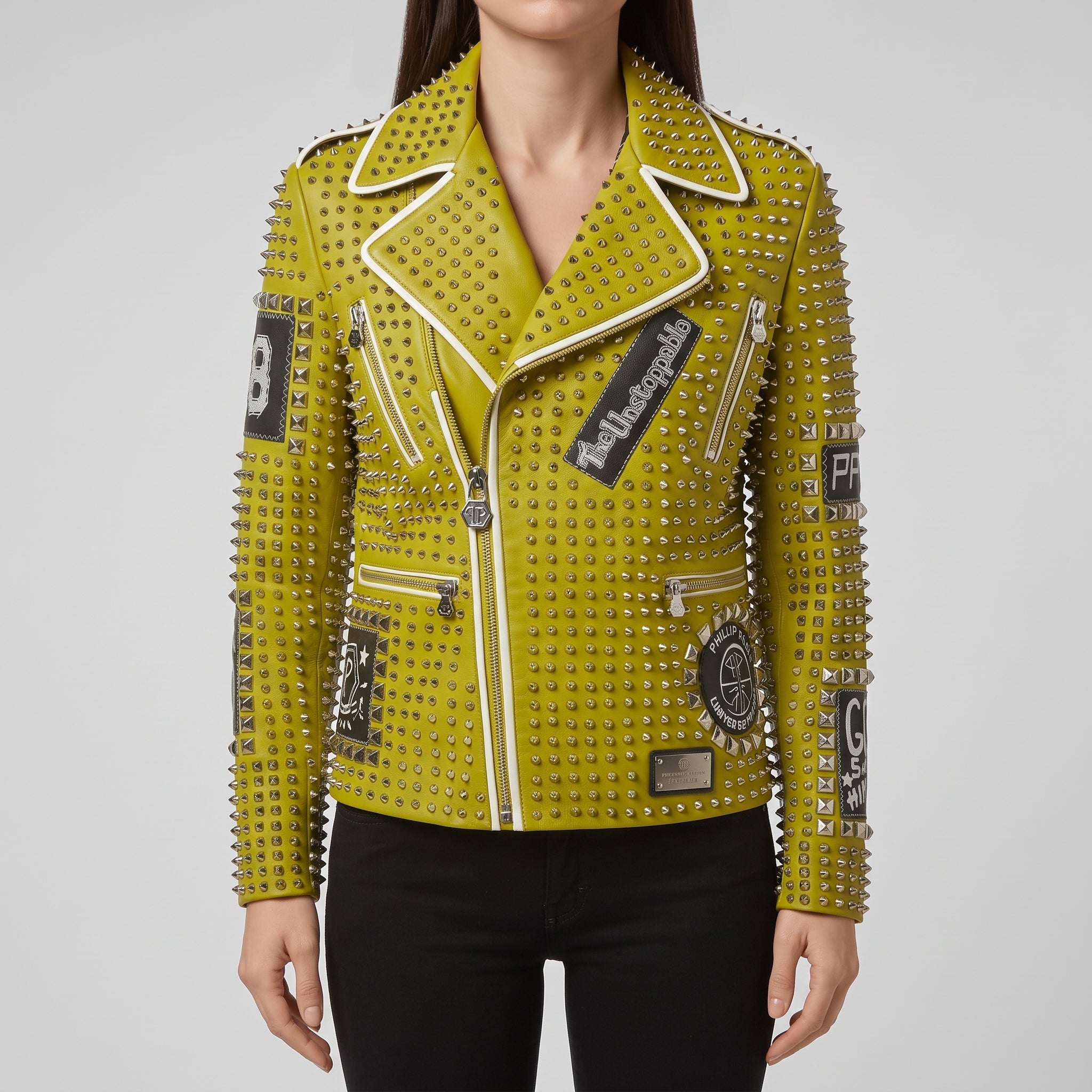 Women's Lemon Green Studded Leather Biker Jacket — Ponsonby