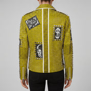 Women's Lemon Green Studded Leather Biker Jacket — Ponsonby