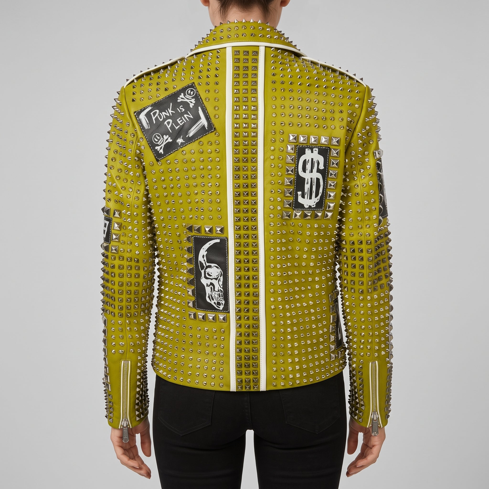 Women's Lemon Green Studded Leather Biker Jacket — Ponsonby