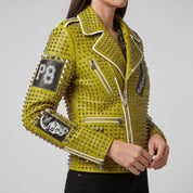 Women's Lemon Green Studded Leather Biker Jacket — Ponsonby