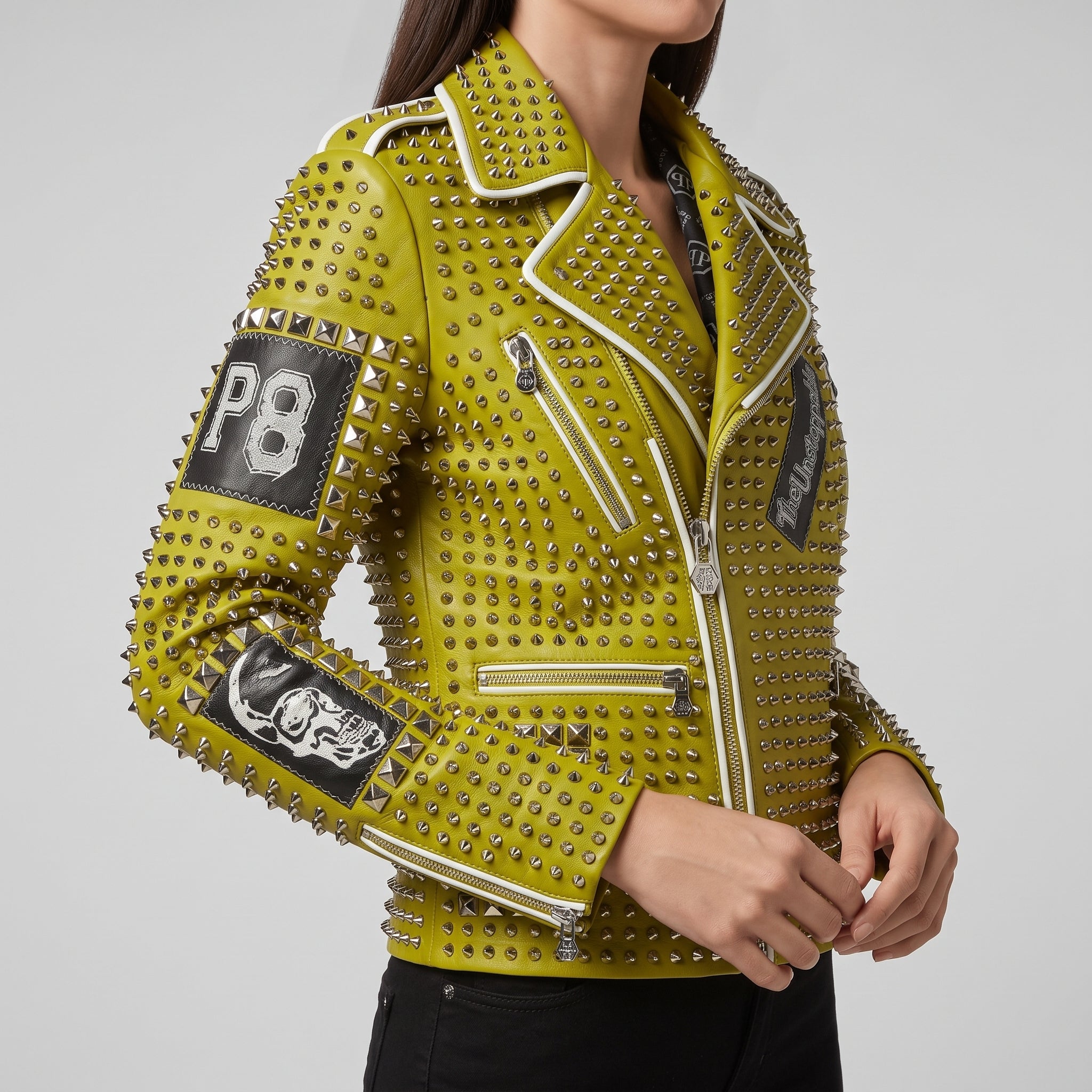 Women's Lemon Green Studded Leather Biker Jacket — Ponsonby