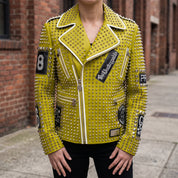 Women's Lemon Green Studded Leather Biker Jacket — Ponsonby