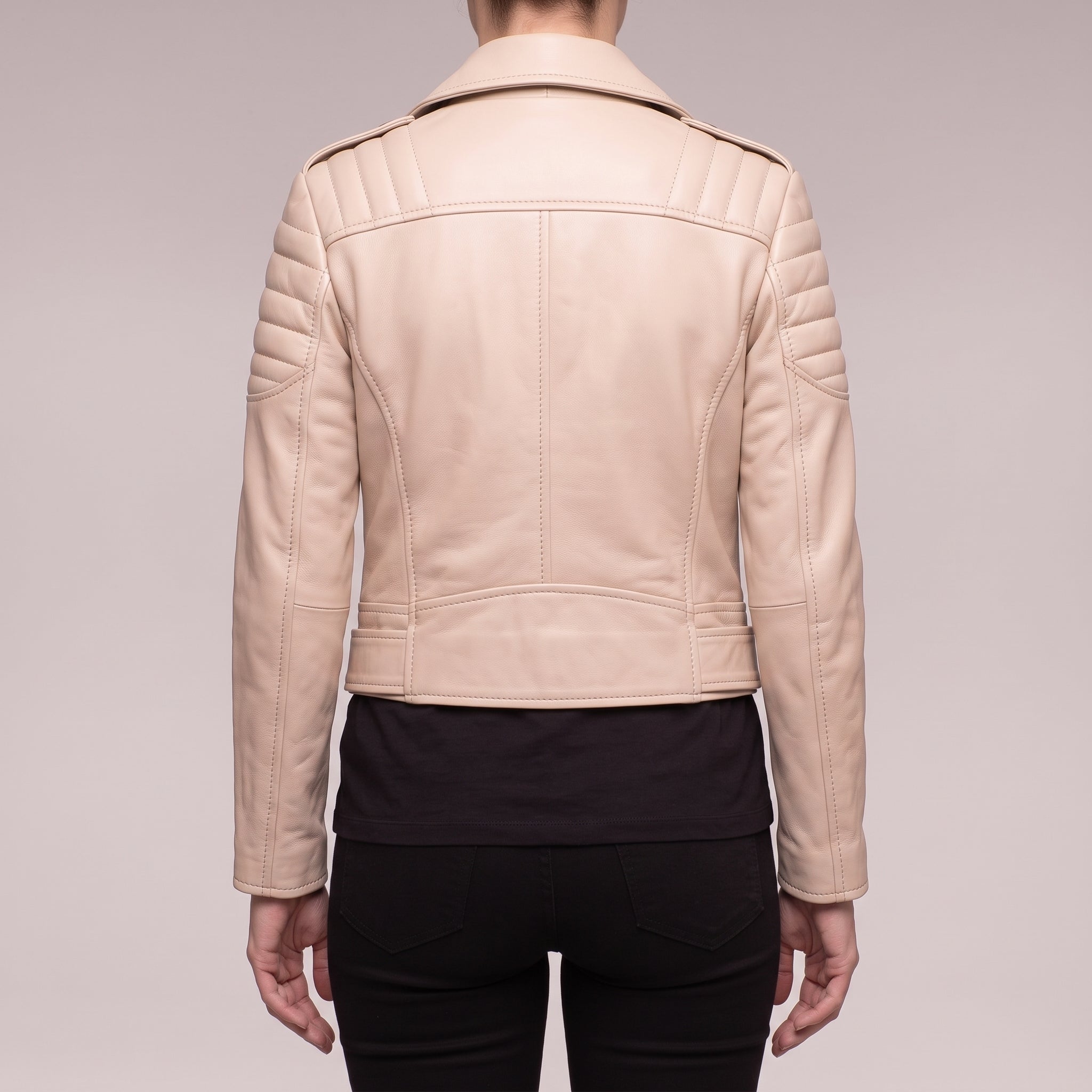 Women's Beige Cropped Quilted Leather Biker Jacket — Beaulieu