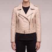 Women's Beige Cropped Quilted Leather Biker Jacket — Beaulieu