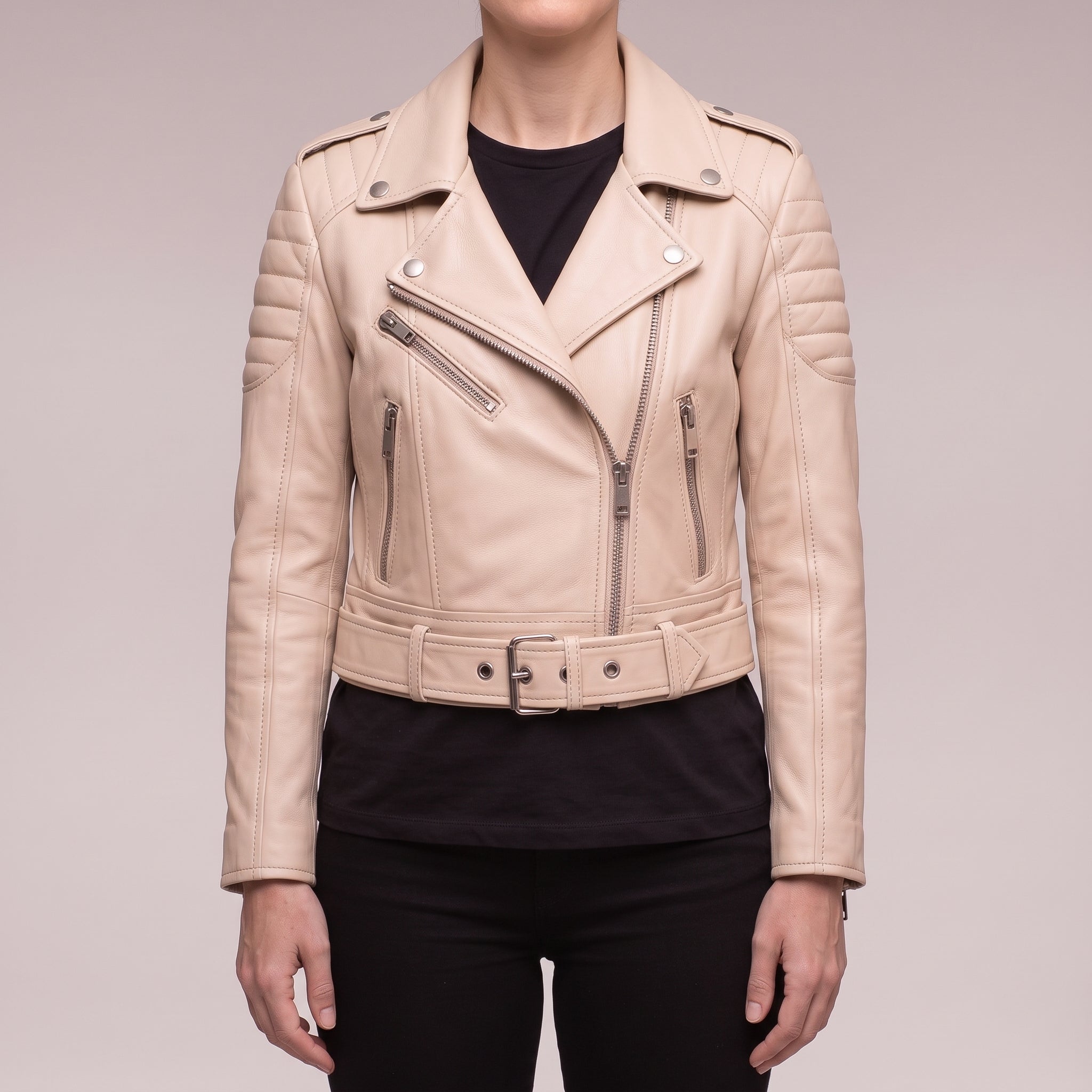 Women's Beige Cropped Quilted Leather Biker Jacket — Beaulieu