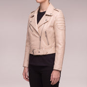 Women's Beige Cropped Quilted Leather Biker Jacket — Beaulieu