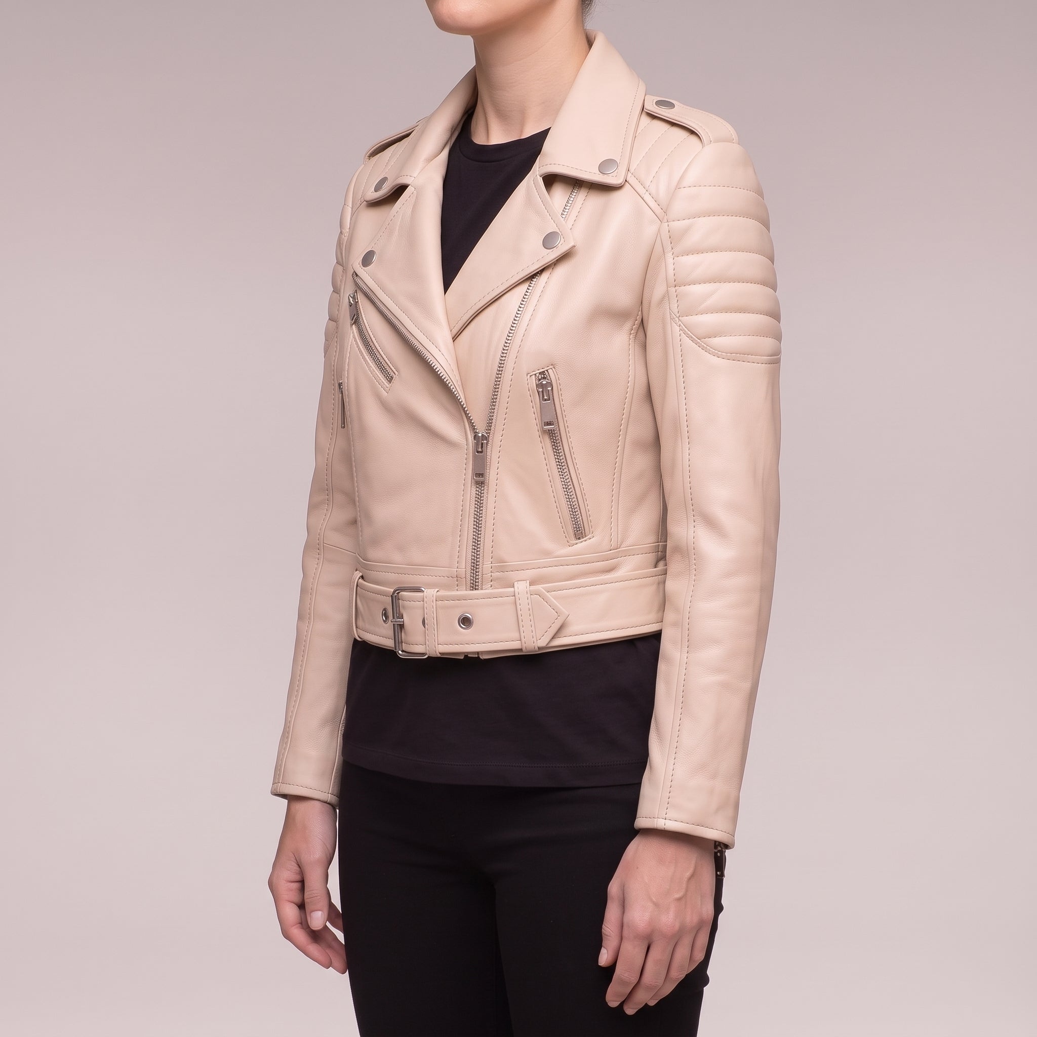 Women's Beige Cropped Quilted Leather Biker Jacket — Beaulieu