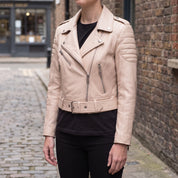 Women's Beige Cropped Quilted Leather Biker Jacket — Beaulieu