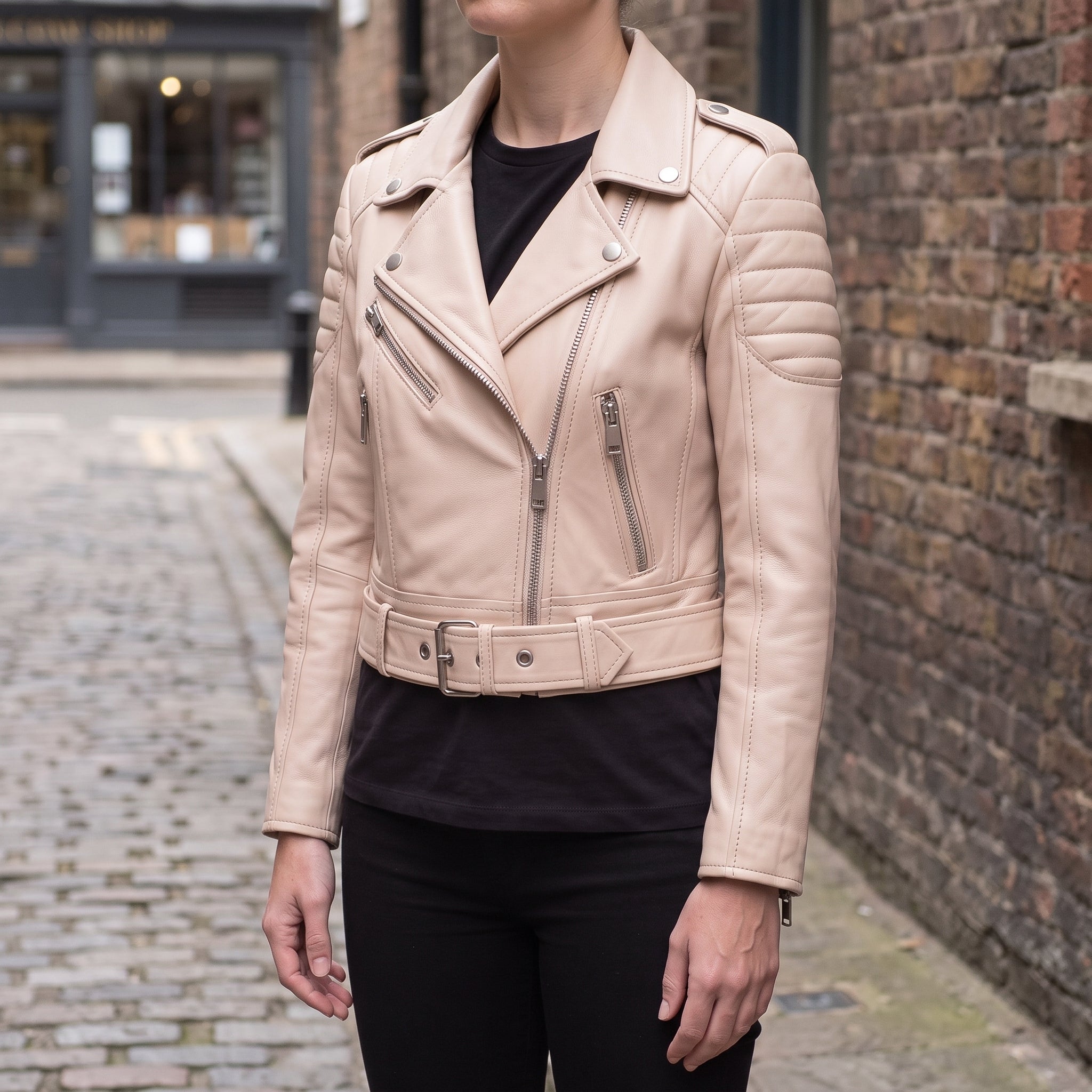 Women's Beige Cropped Quilted Leather Biker Jacket — Beaulieu