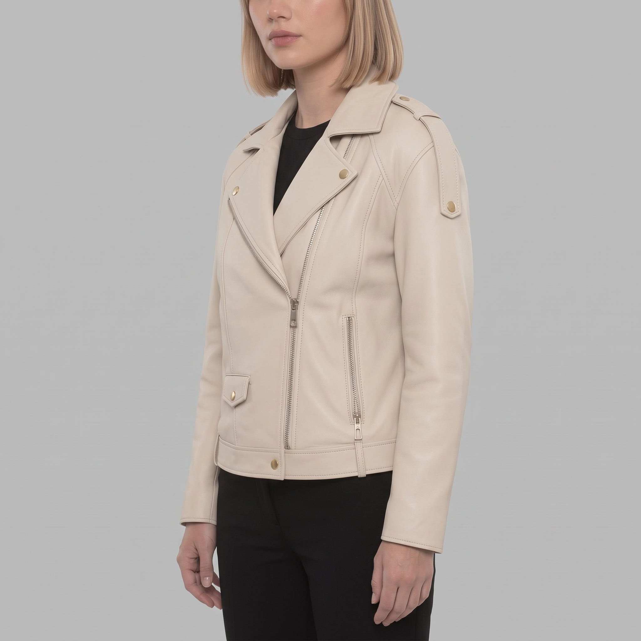 Women's Cream Leather Biker Jacket — Parsons