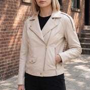 Women's Cream Leather Biker Jacket — Parsons