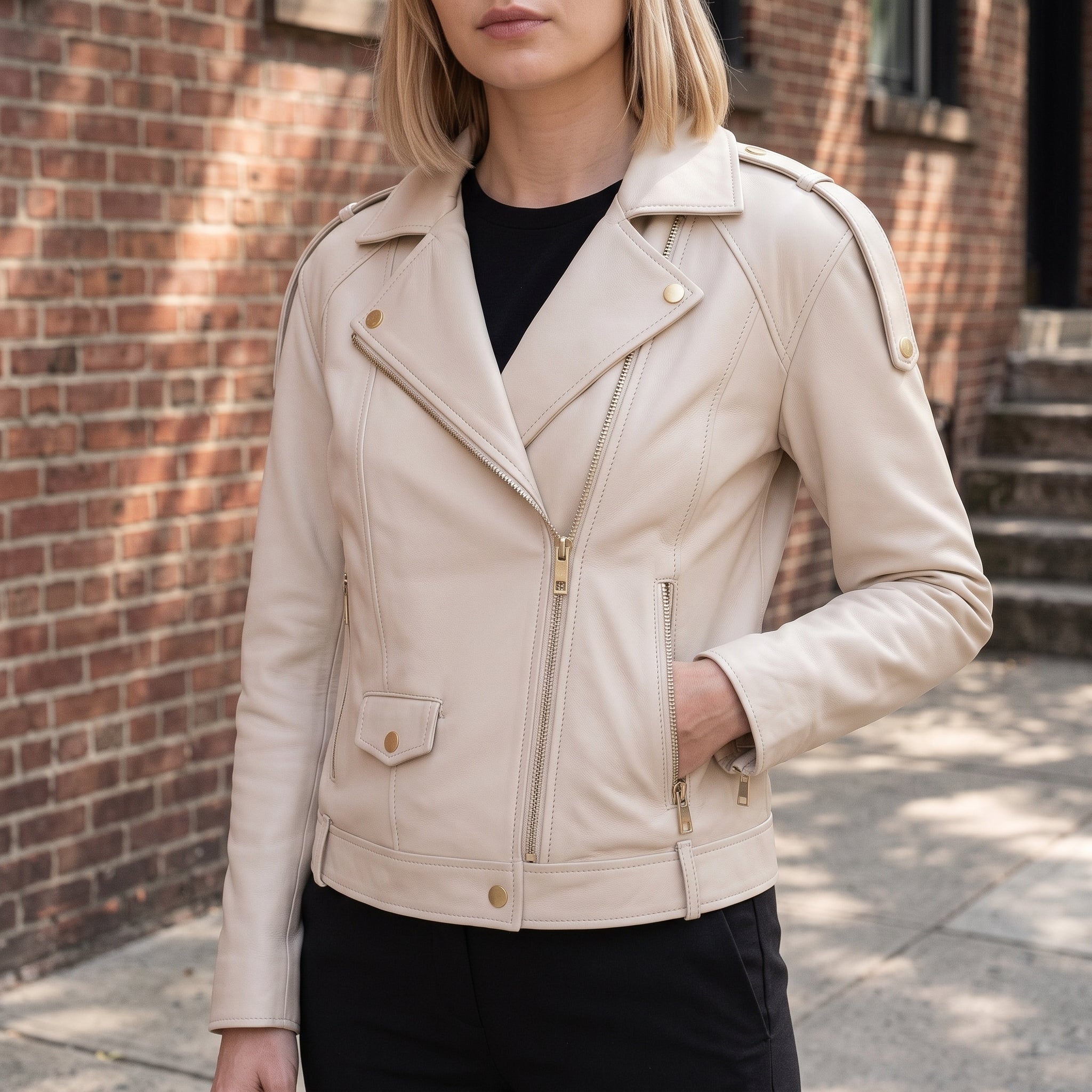 Women's Cream Leather Biker Jacket — Parsons