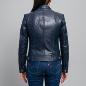 Women's Dark Blue Leather Cafe Racer Jacket — Ashbrooke