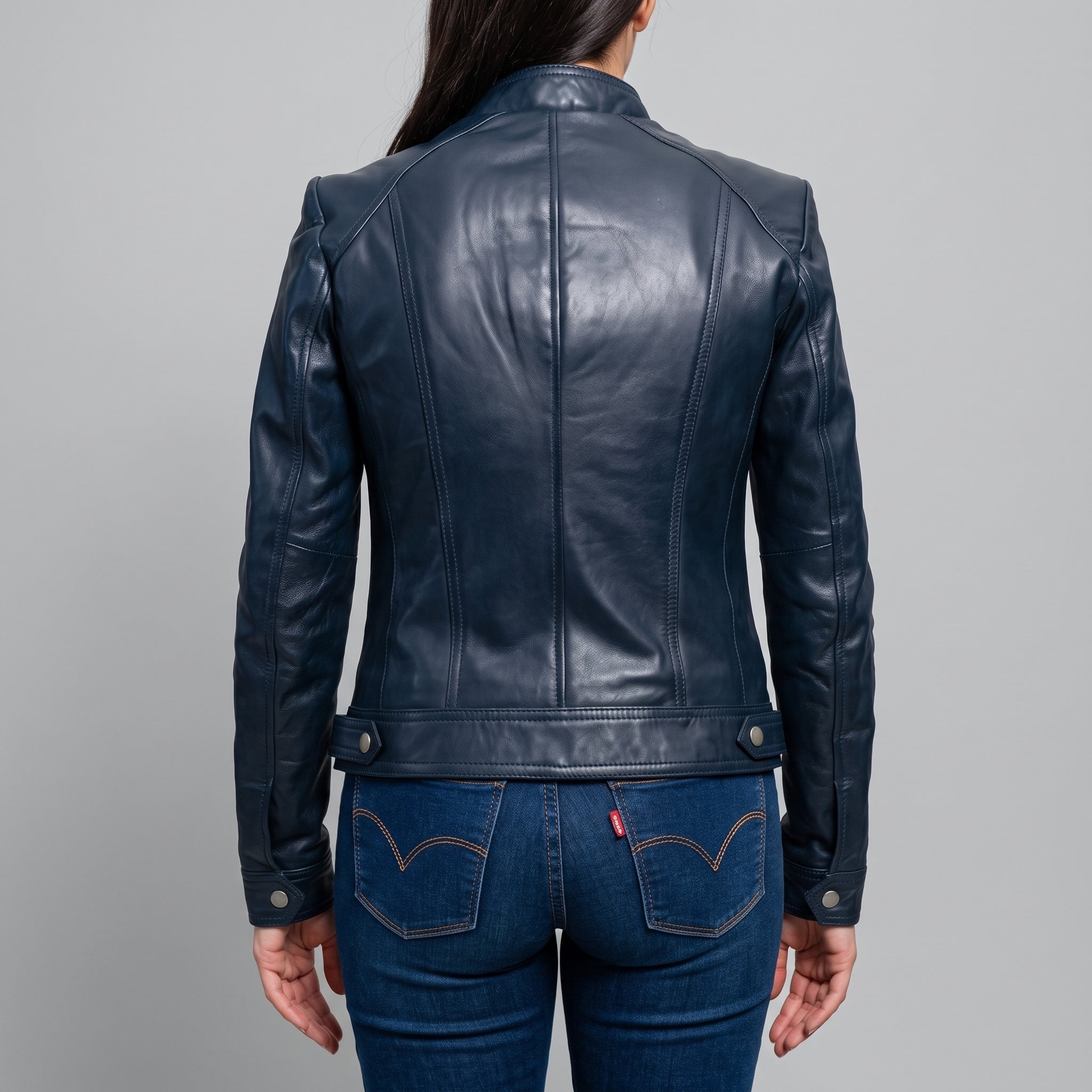 Women's Dark Blue Leather Cafe Racer Jacket — Ashbrooke